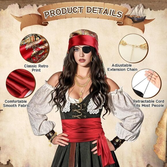 Pirate Costume Accessories Set Women Head Scarf Sash Necklace Halloween main image 6